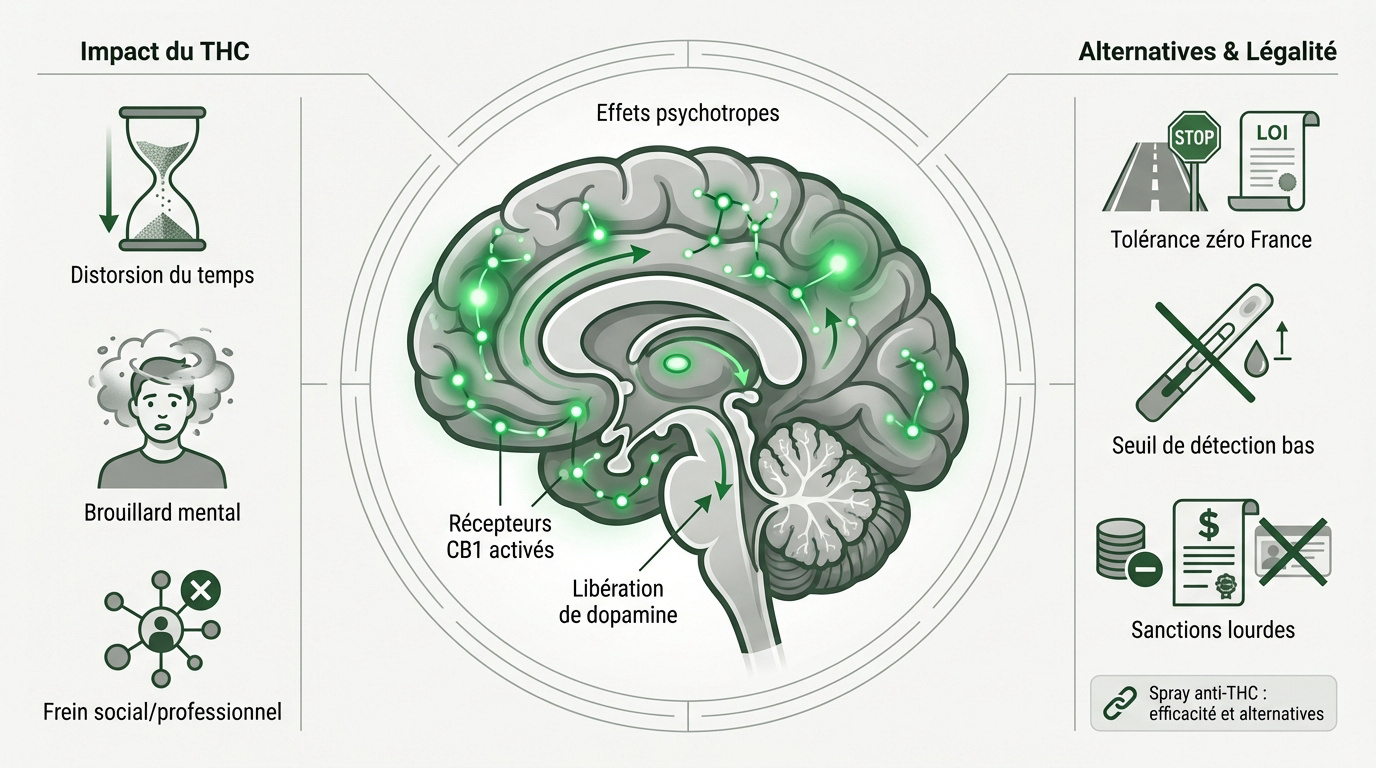 Infographie expliquant l'impact du THC sur le cerveau et la législation routière en France