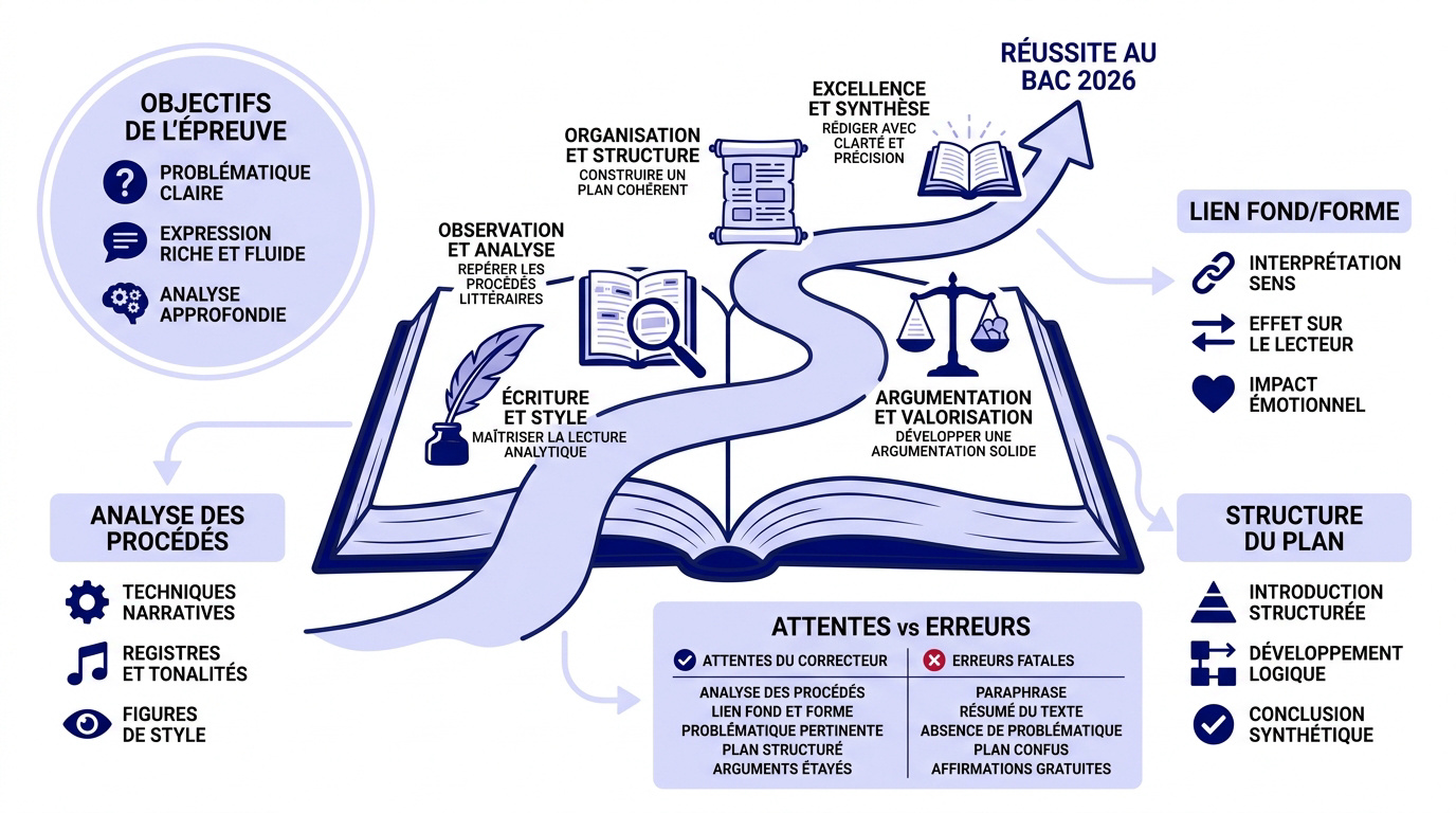Infographie récapitulative de la méthode du commentaire composé pour le Bac 2026
