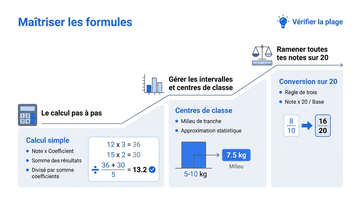 Schéma explicatif pour calculer une moyenne pondérée avec des coefficients