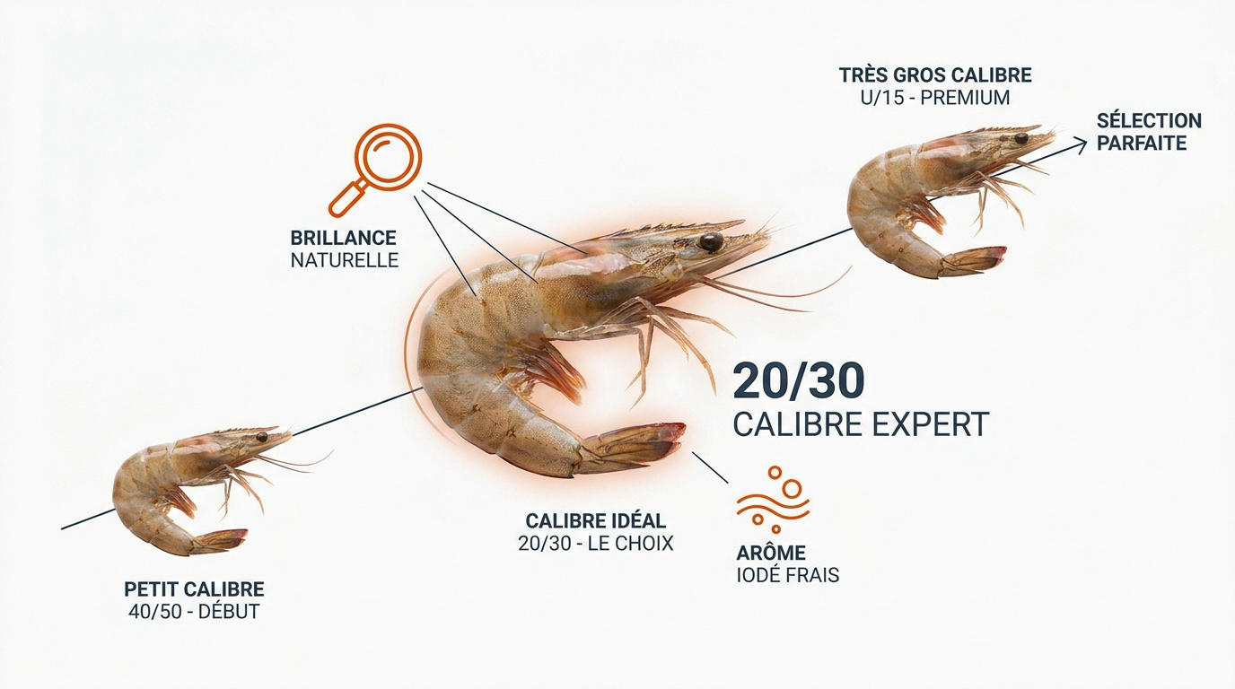 Infographie sur les calibres et la qualité des crevettes pour la cuisson