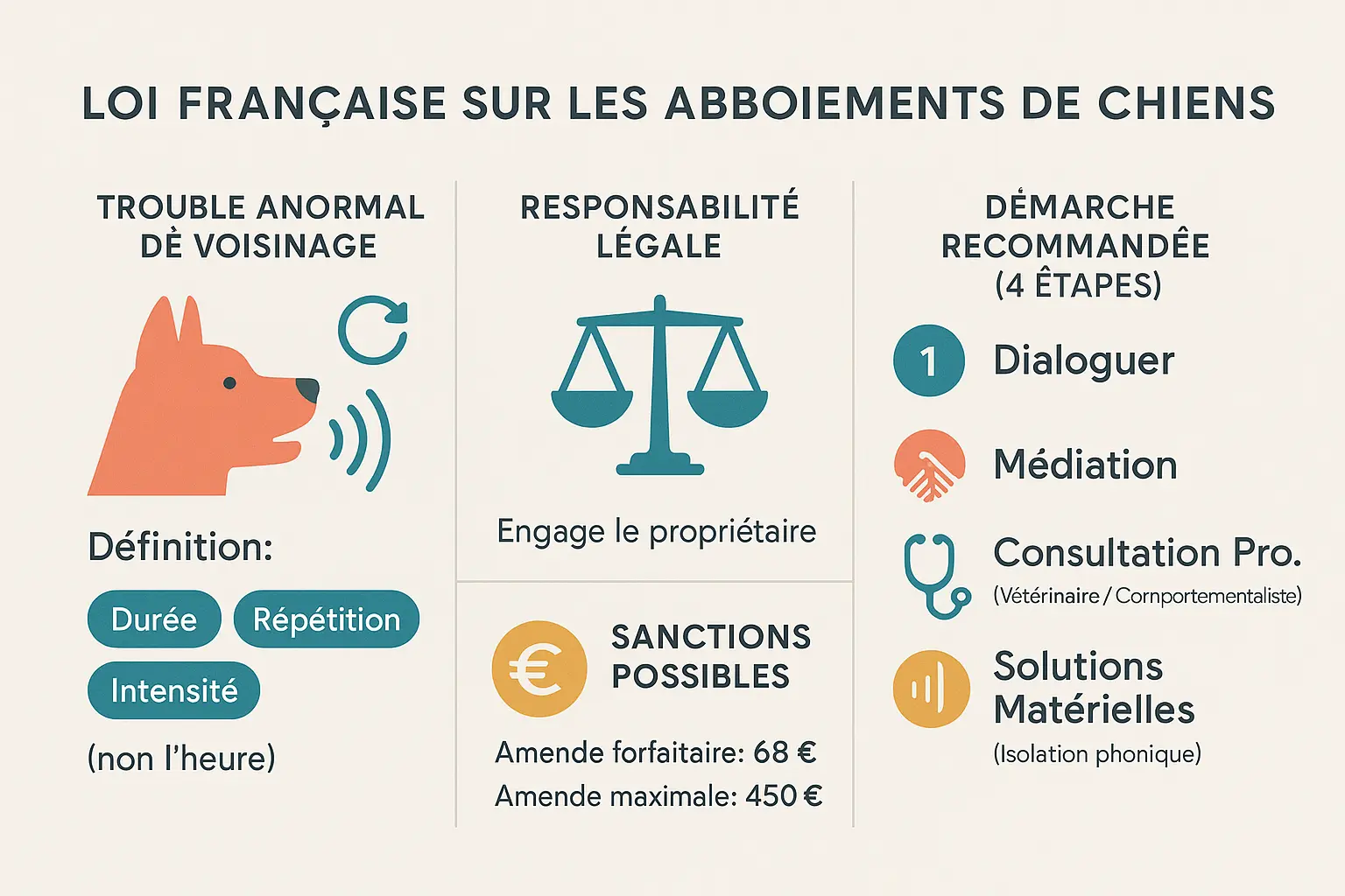 Illustration de chien aboyant avec des éléments juridiques en arrière-plan
