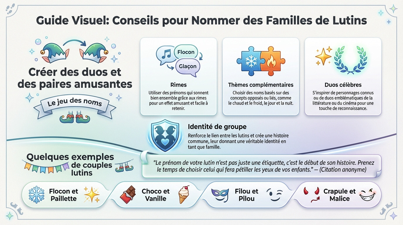 Guide visuel avec des conseils pour choisir des prénoms assortis pour un duo de lutins de Noël