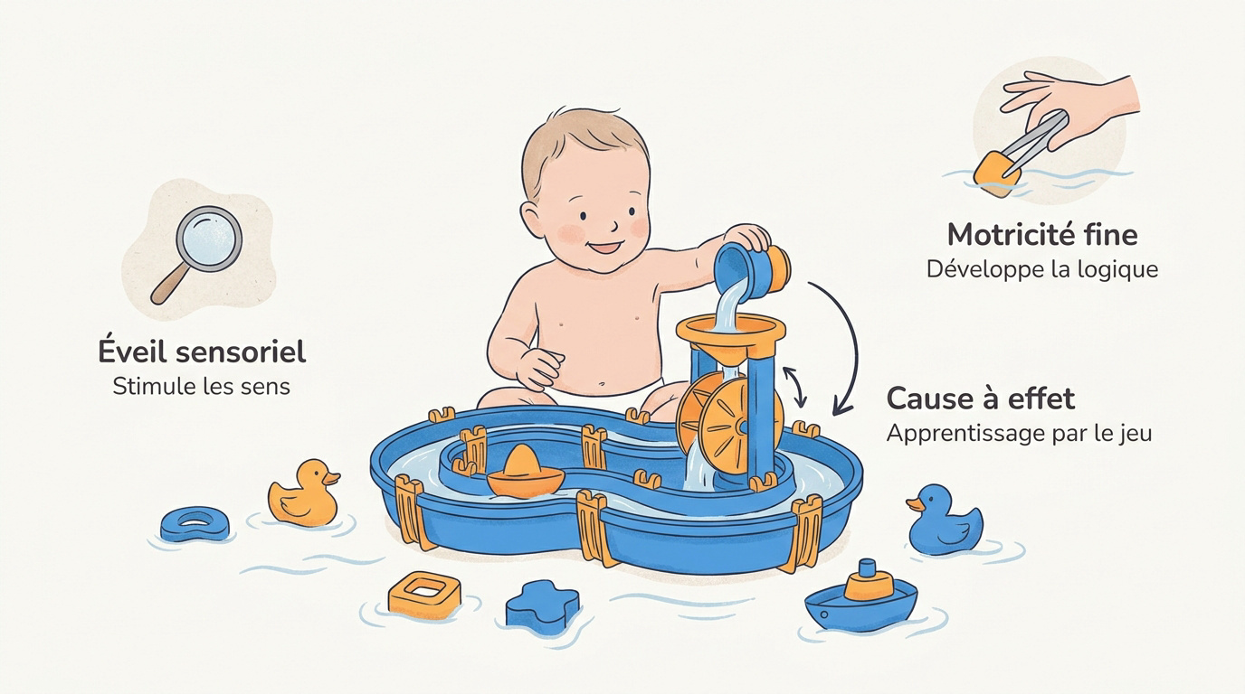 Bébé s'amusant avec un circuit d'eau coloré dans sa baignoire