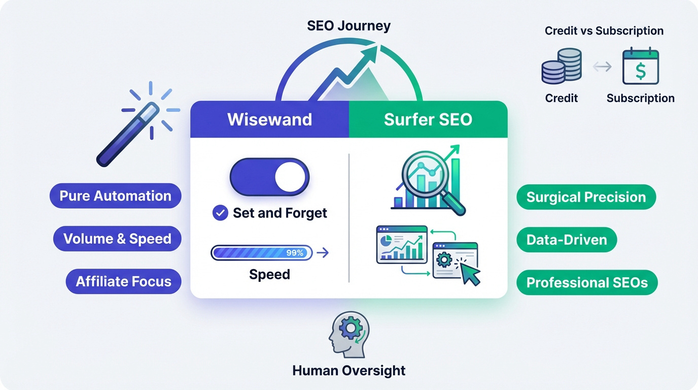 Comparison between Wisewand automation and Surfer SEO manual optimization paths