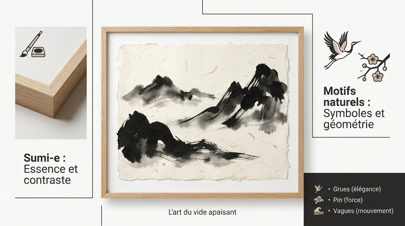 Infographie présentant l'art du Sumi-e et les motifs naturels dans la décoration Japandi
