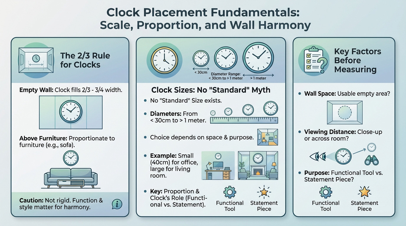 Living room interior showing a wall clock scaled proportionally above a sofa according to design rules