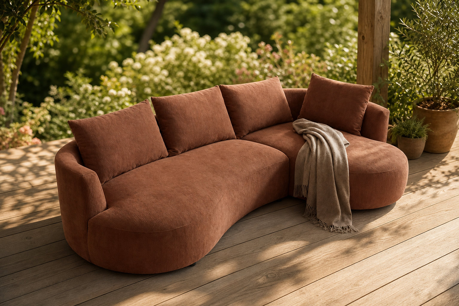 Canapé LOUSADO terracotta : la chaleur d'un velours texturé vibrant