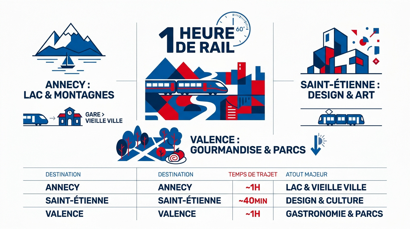 Infographie comparative des destinations Annecy Saint-Étienne et Valence accessibles en train depuis Lyon