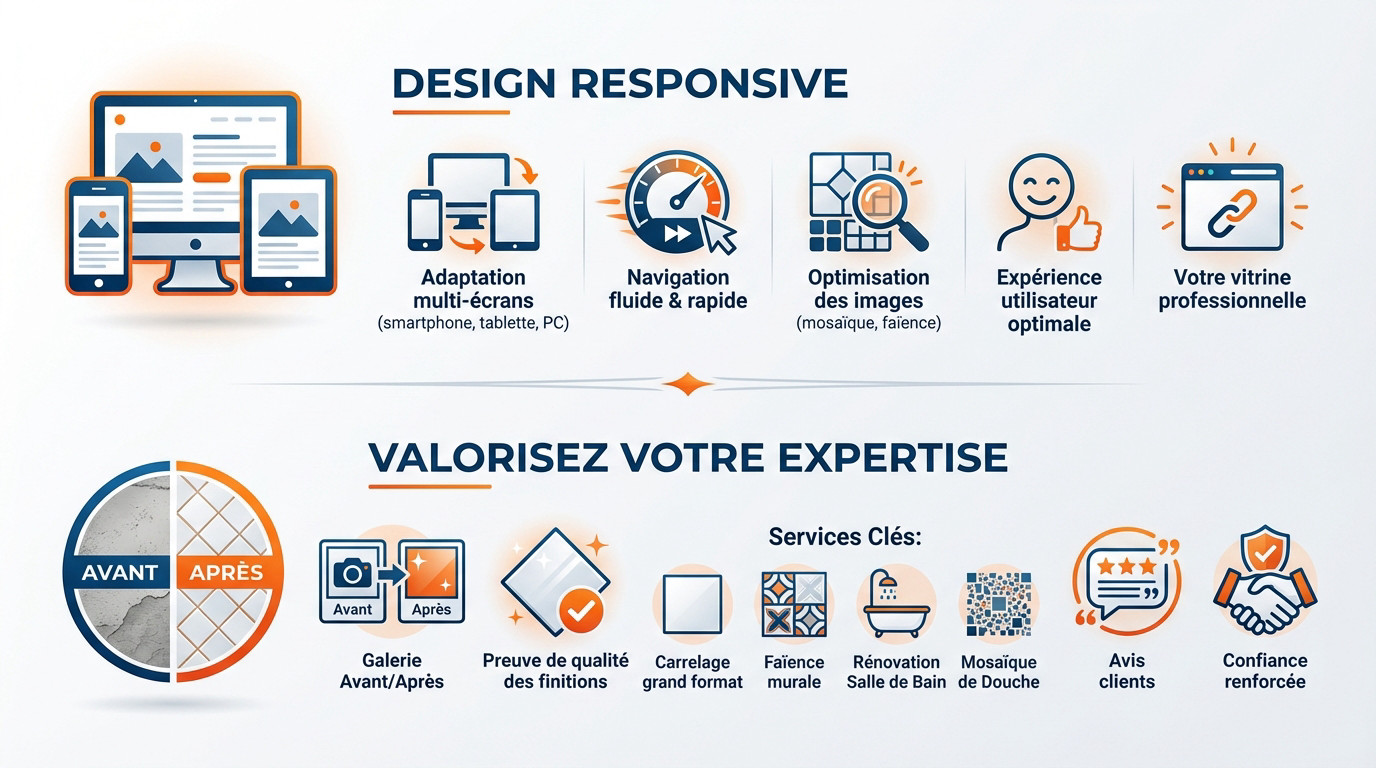 Interface web responsive et design moderne pour site d'artisan carreleur à Nantes