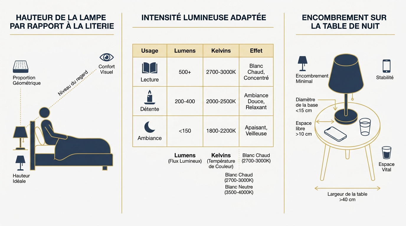 Guide visuel pour choisir la hauteur et l'intensité d'une lampe de chevet dans une chambre