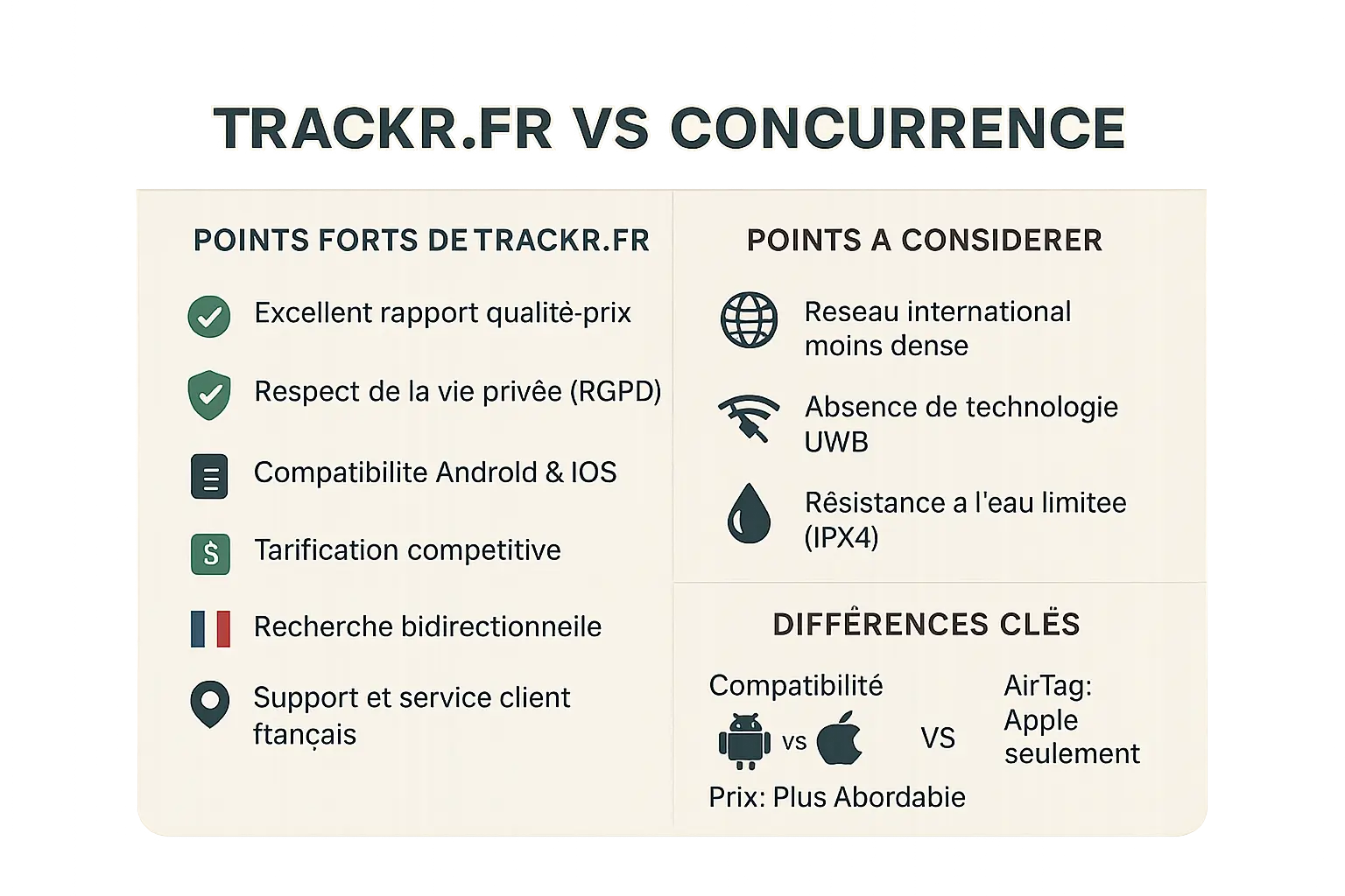 Comparaison visuelle des traqueurs Bluetooth - Trackr.fr vs AirTag vs Tile