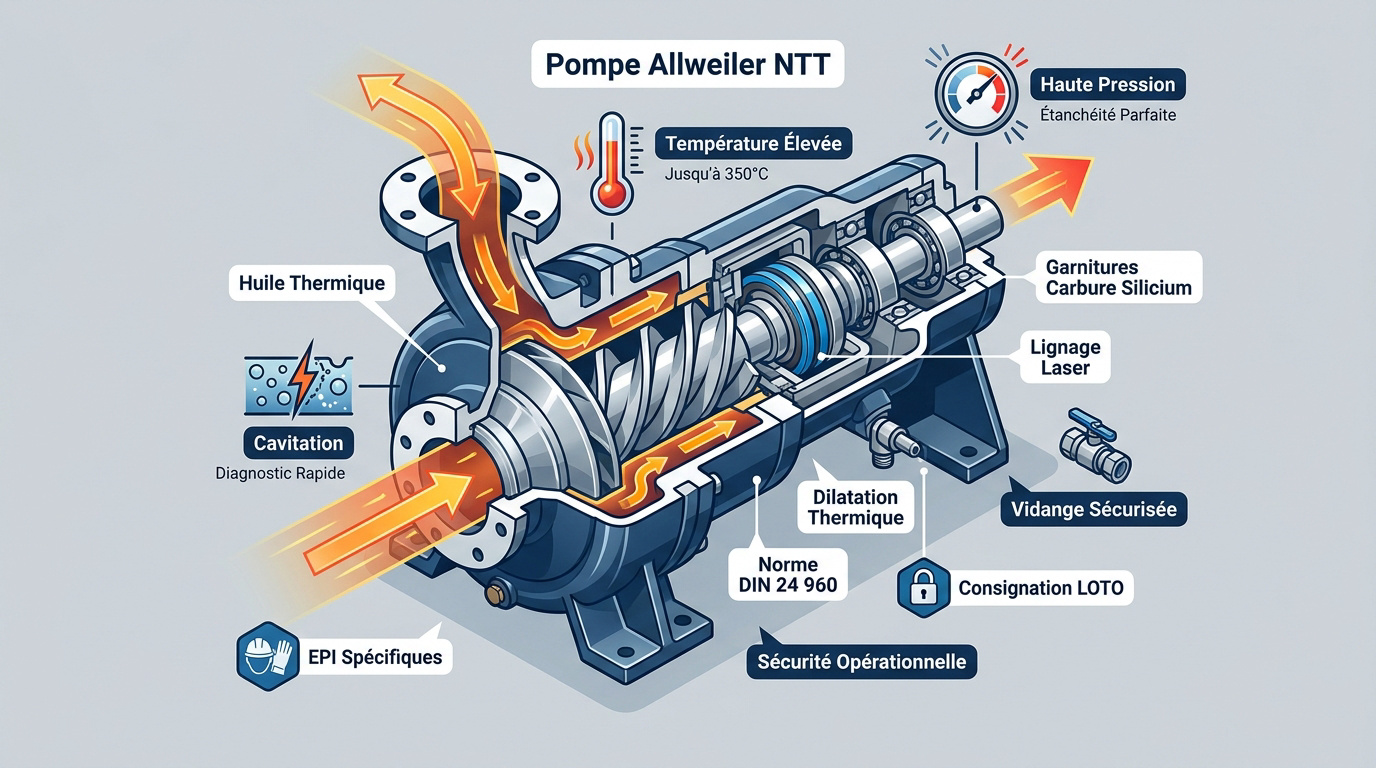 Coupe technique d'une pompe Allweiler NTT pour huile thermique montrant les composants internes