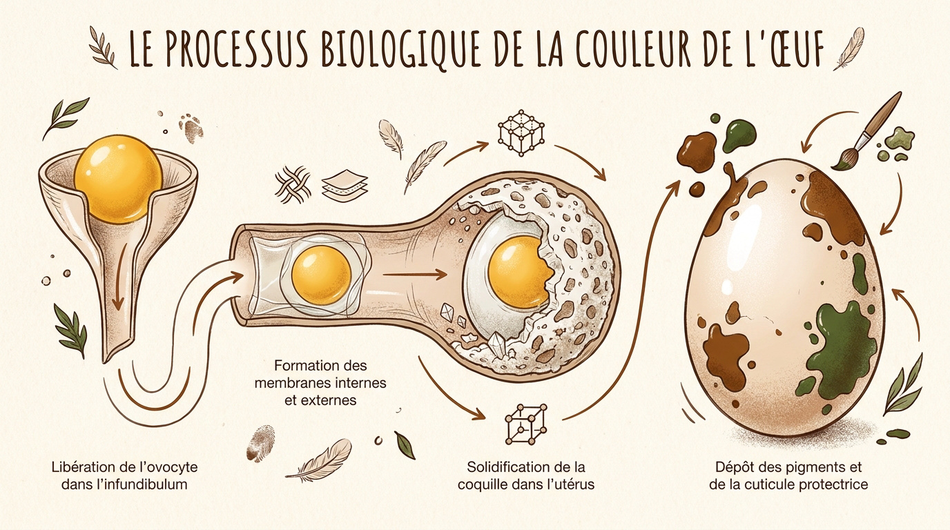 Schéma du processus biologique de formation et de coloration de l'œuf de poule dans l'oviducte
