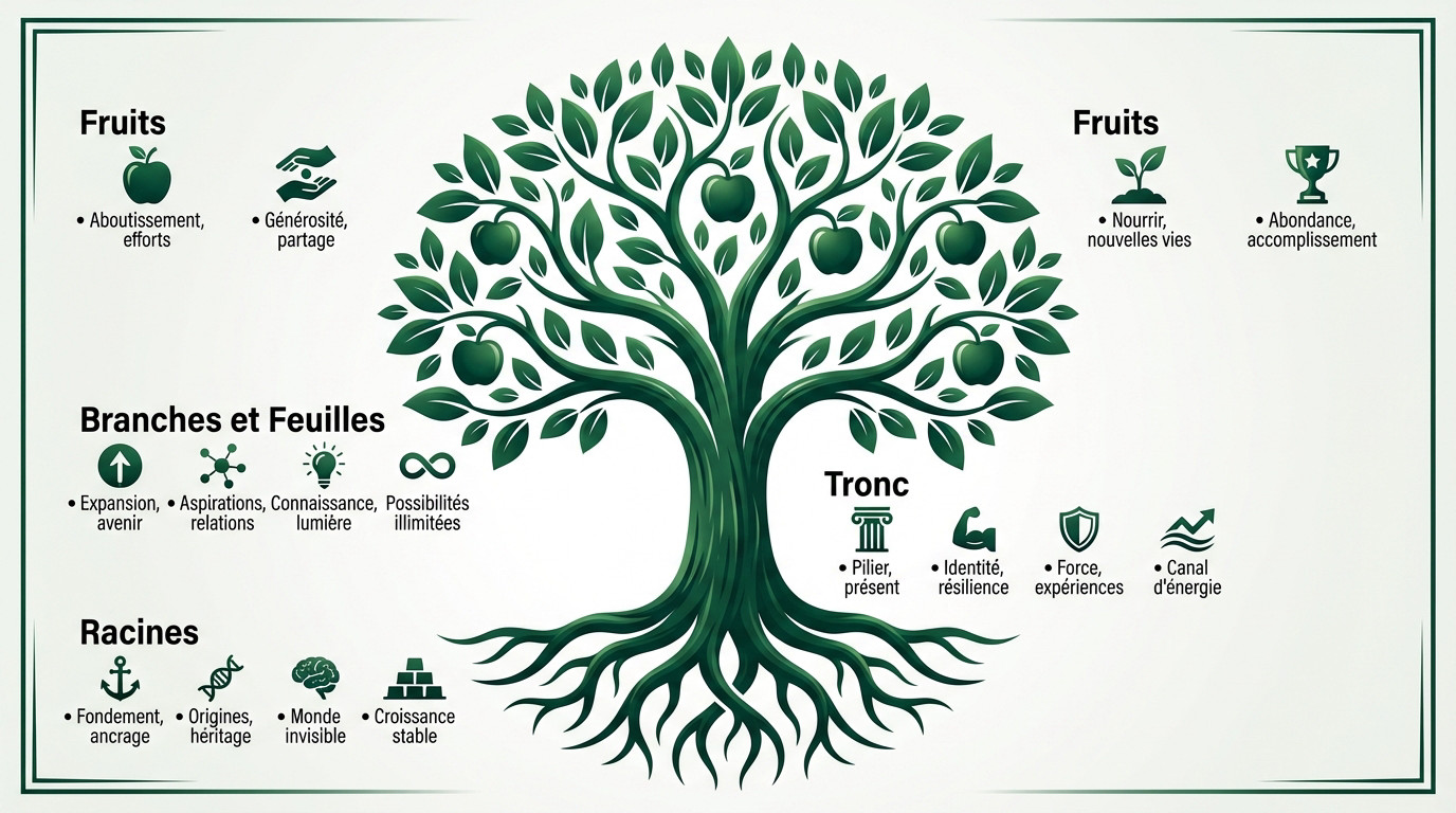 Illustration artistique de l'arbre de vie montrant ses racines, son tronc et ses branches symboliques