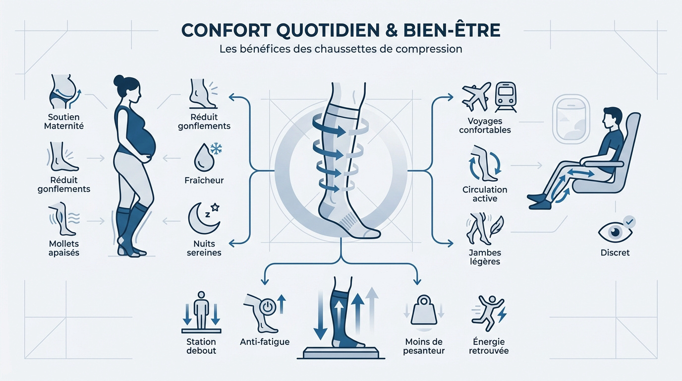 Femme enceinte portant des chaussettes de compression pour son confort quotidien