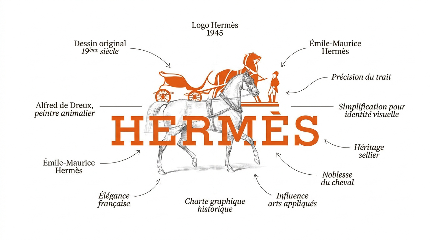 Dessin original Le Duc attelé par Alfred de Dreux et évolution vers le logo Hermès