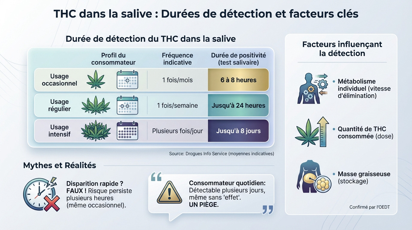 Tableau récapitulatif des durées de détection du THC dans la salive selon la consommation