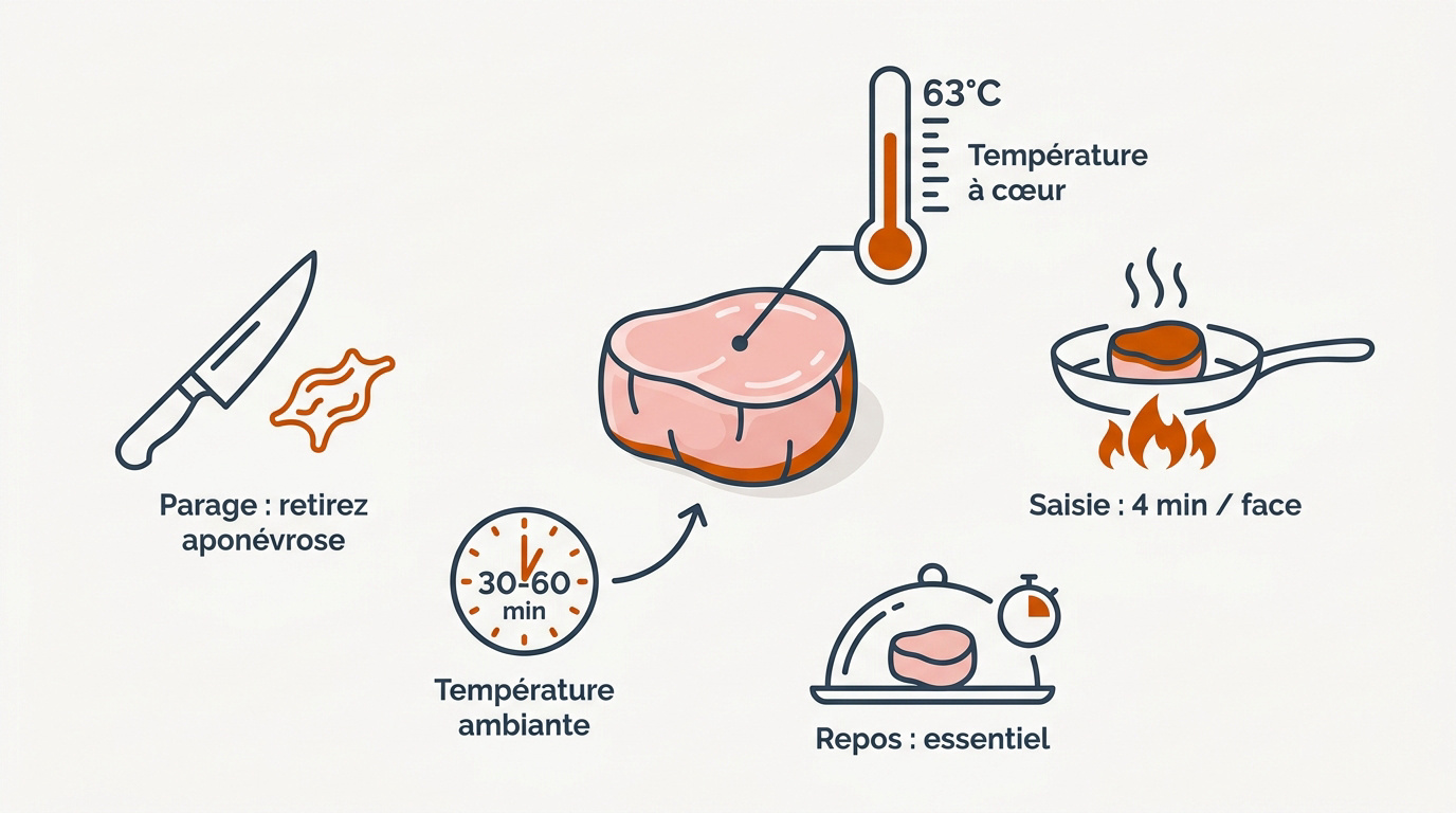 Infographie détaillant les étapes de cuisson du filet mignon au four