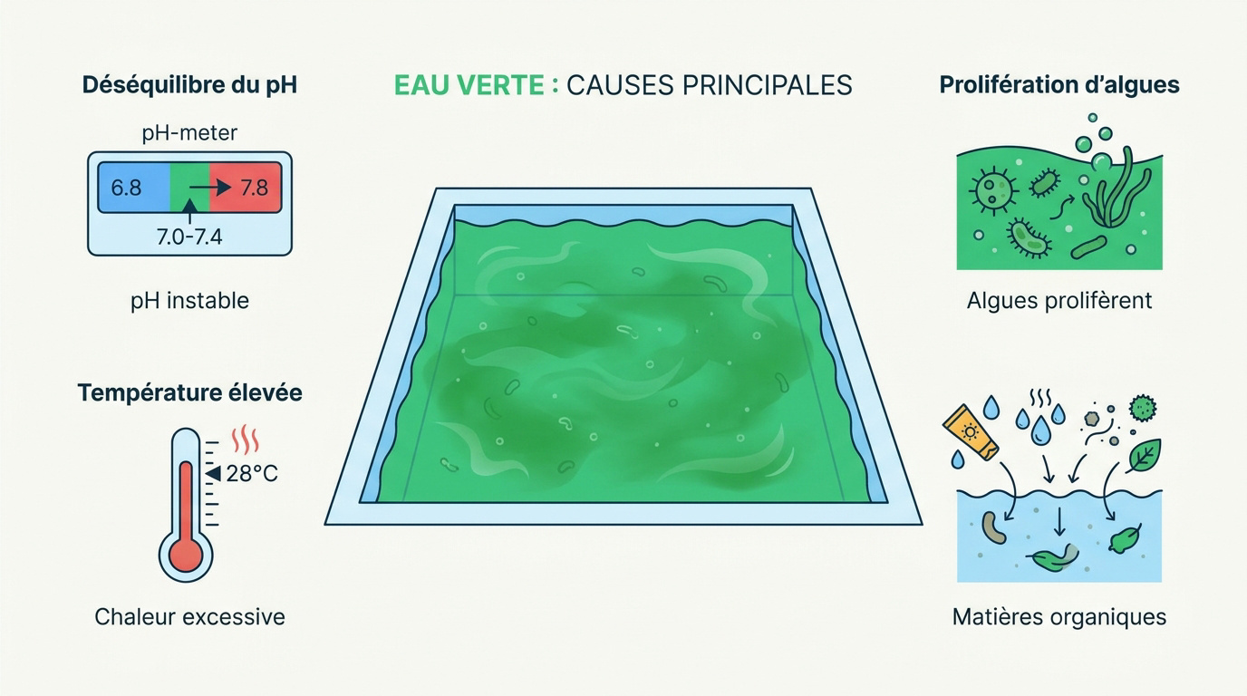 Sch&eacute;ma expliquant les causes de l'eau verte dans une piscine : pH instable, chaleur et algues
