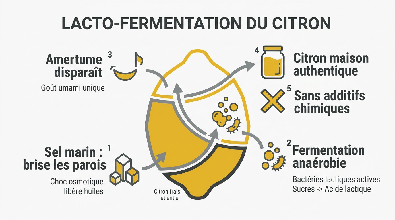 Infographie sur les étapes de la lacto-fermentation du citron au sel
