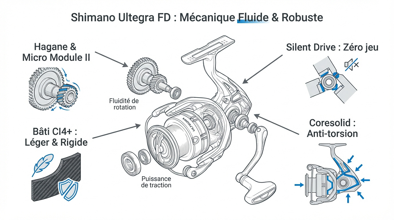 Mécanique interne et fluidité du moulinet Shimano Ultegra FD