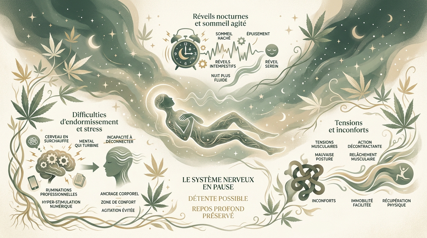 Infographie expliquant les bienfaits du CBD sur les cycles du sommeil et la relaxation
