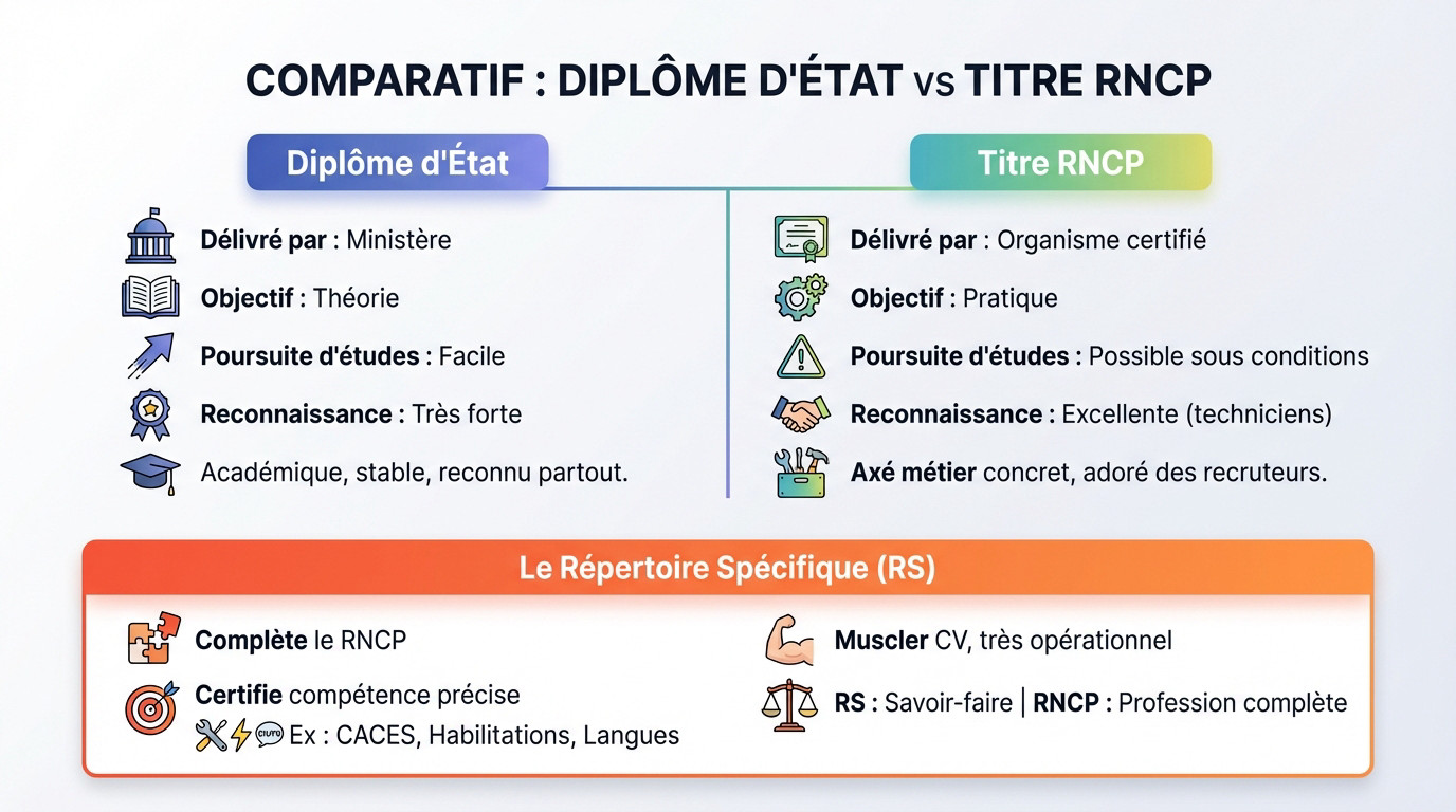Schéma comparatif entre diplôme d'État et titre RNCP pour choisir sa certification