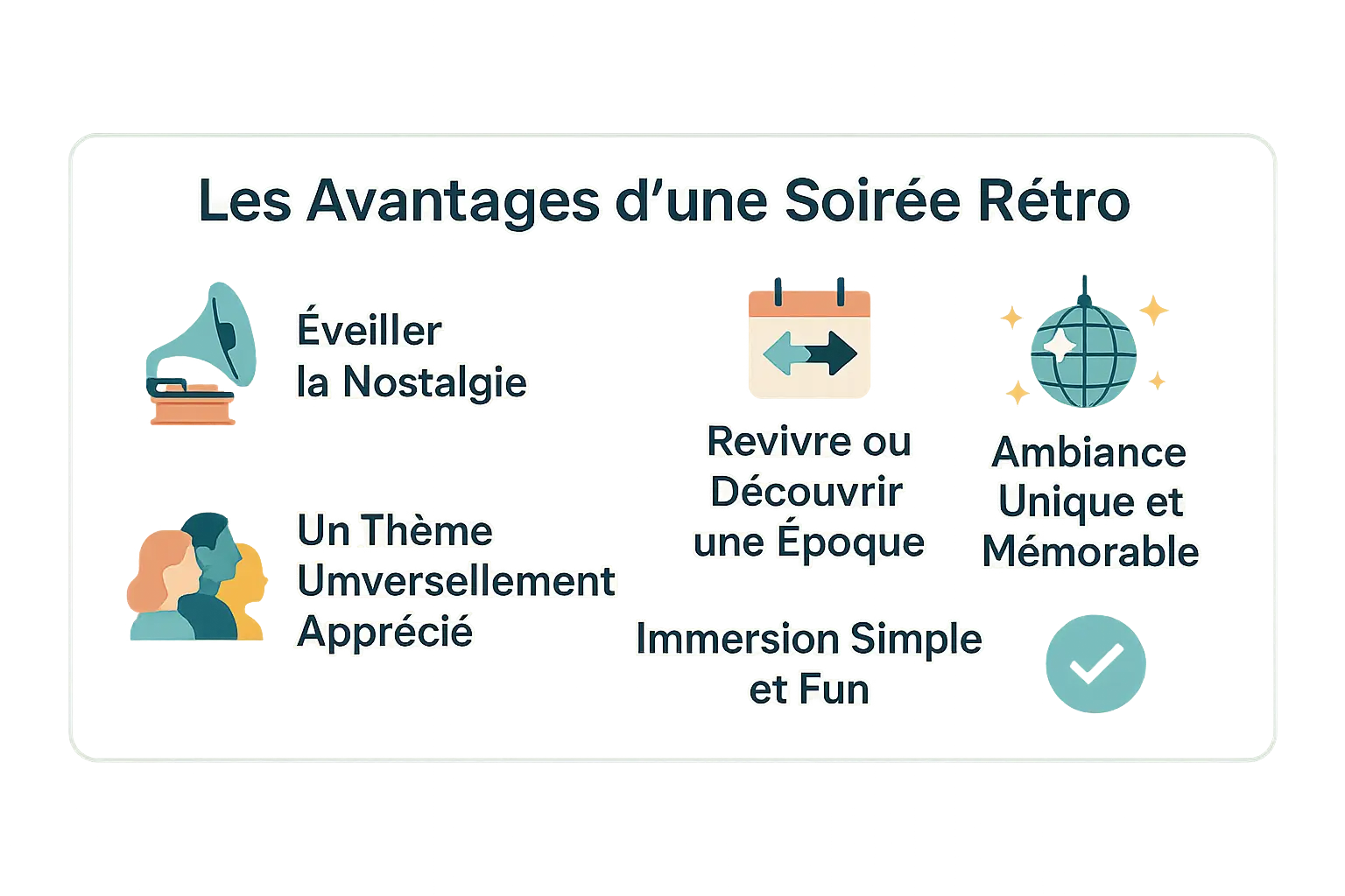Illustration d'une soirée rétro avec des invités déguisés et une décoration vintage