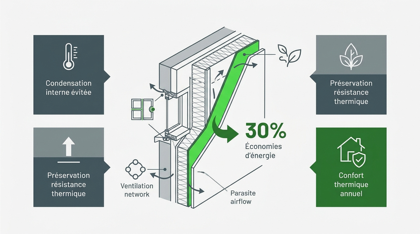 Infographie montrant les gains de confort et d'énergie grâce à l'ITE et l'étanchéité
