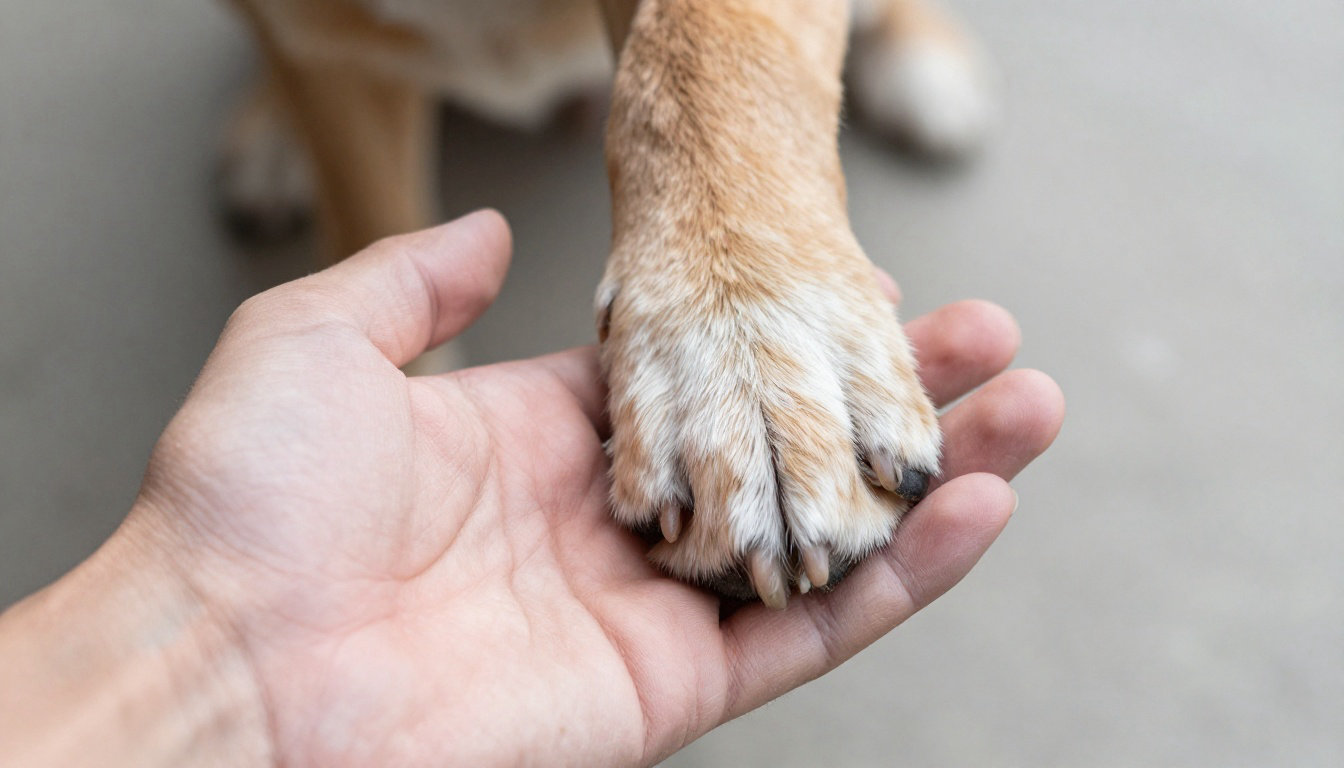 Patte de chien posée dans une main humaine
