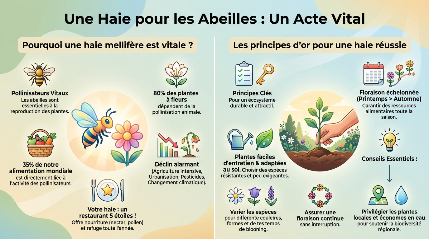 Abeille butinant une fleur dans une haie mellifère diversifiée et naturelle