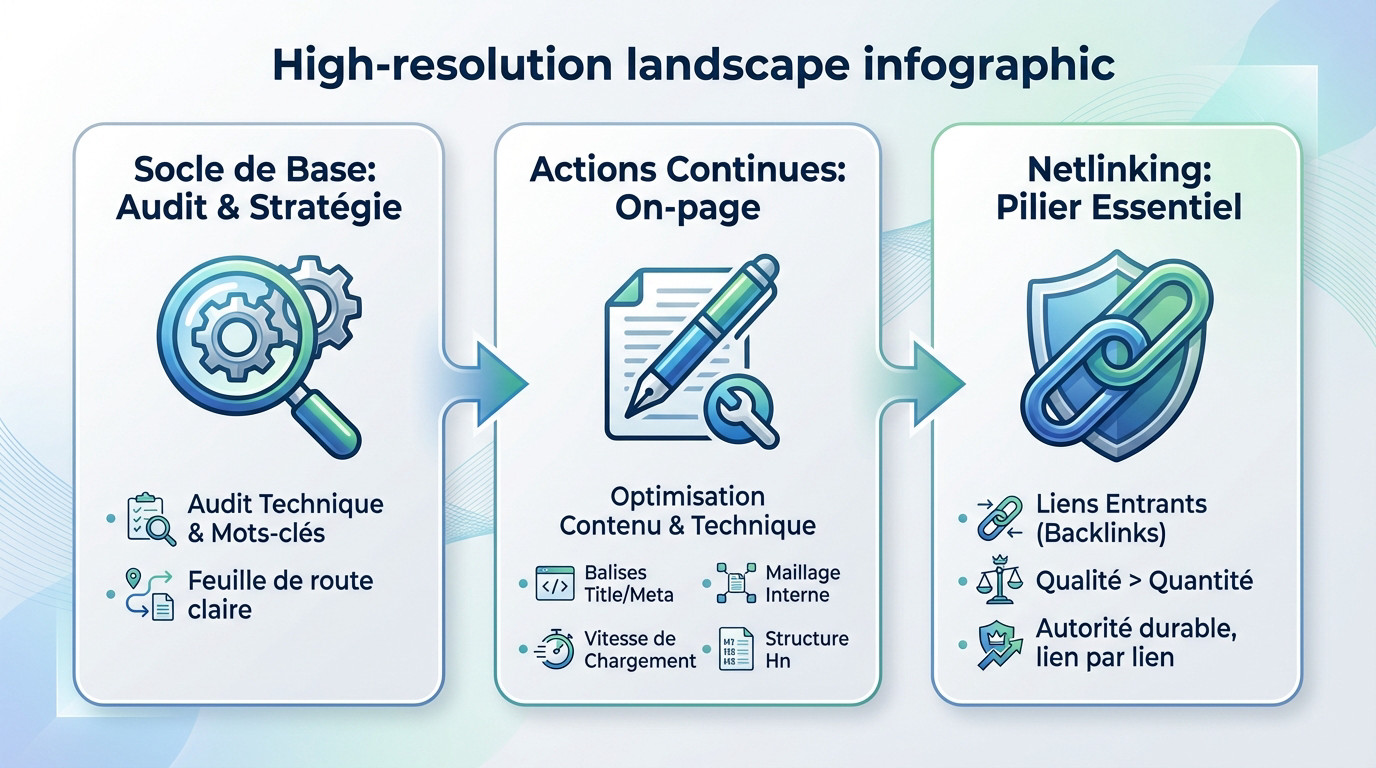 Schéma illustrant le processus SEO complet : audit, optimisation on-page et netlinking