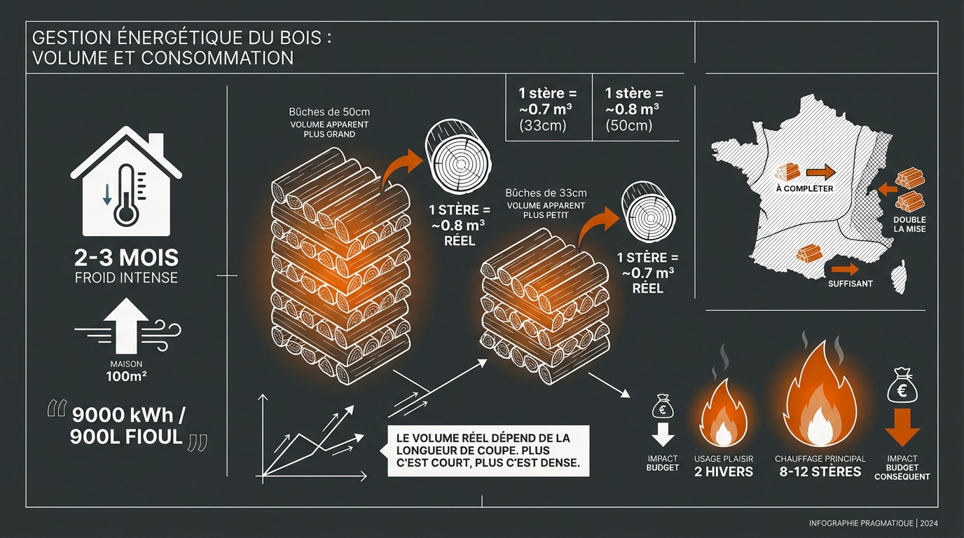 Quelle est la durée de 5 stères de bois pour votre hiver ? 2 Comparaison visuelle entre un stère de bois et son volume réel en mètres cubes selon la découpe