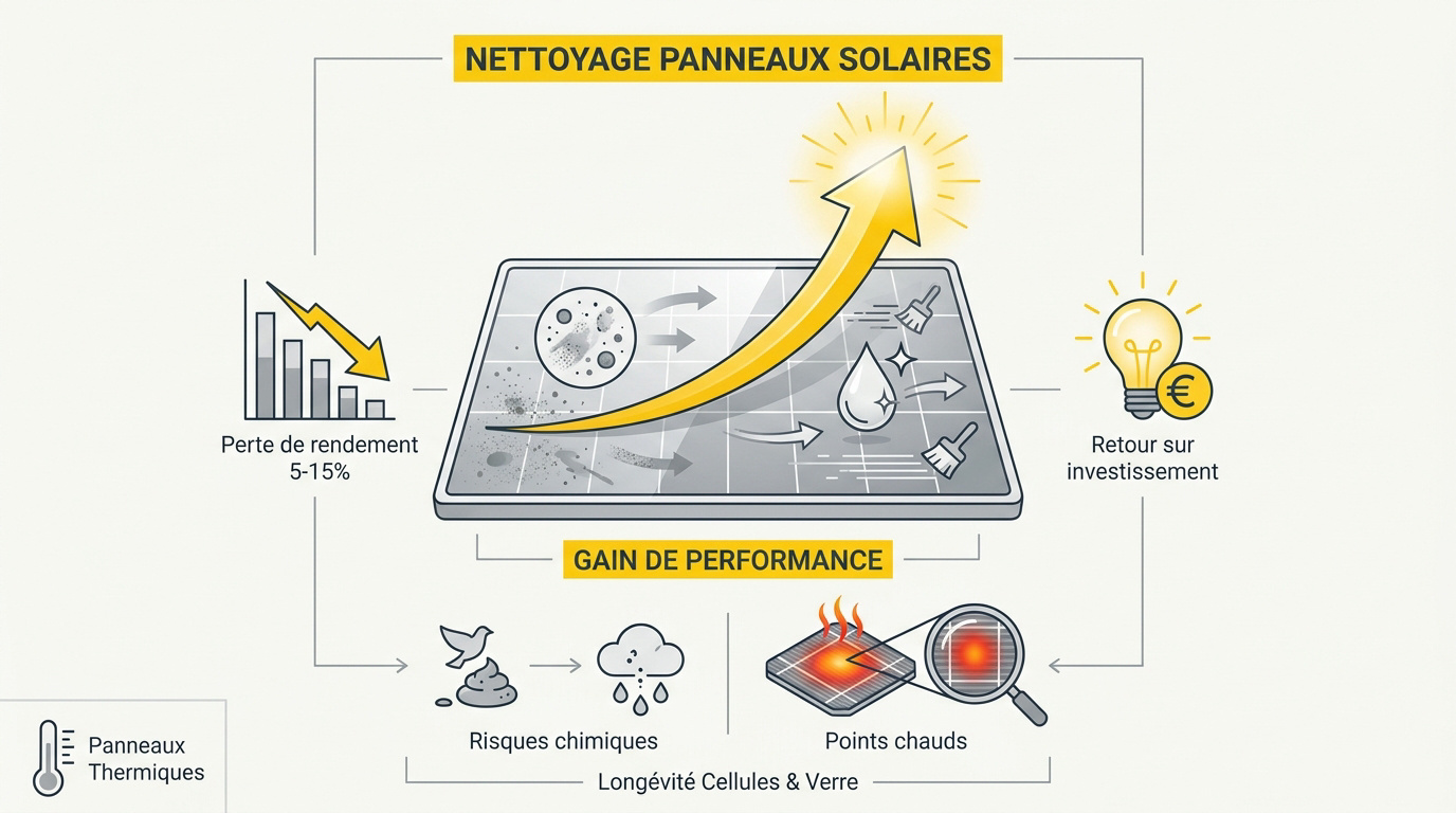 Technicien effectuant le nettoyage de panneaux solaires pour optimiser le rendement énergétique