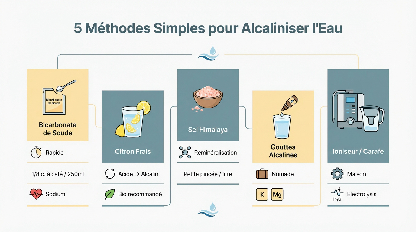 Verre d'eau avec des tranches de citron et du bicarbonate de soude pour alcaliniser l'eau naturellement