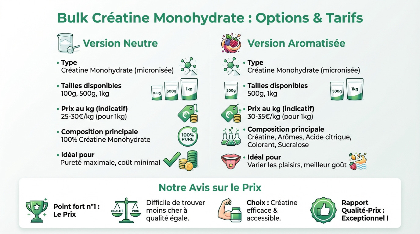 Tableau comparatif des prix et options de la créatine monohydrate Bulk