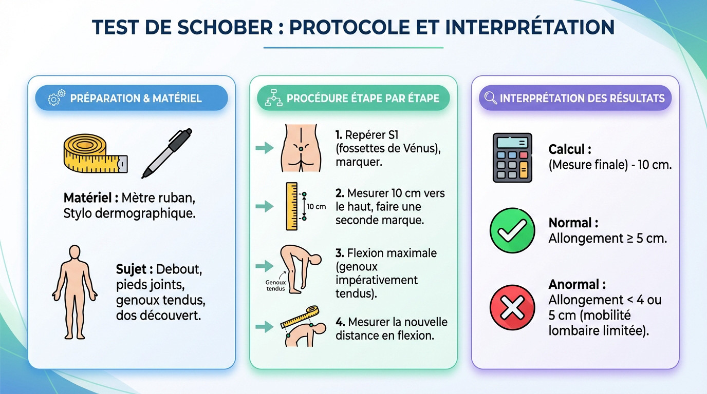 Schéma illustrant le protocole du test de Schober avec les repères lombaires et la mesure en flexion