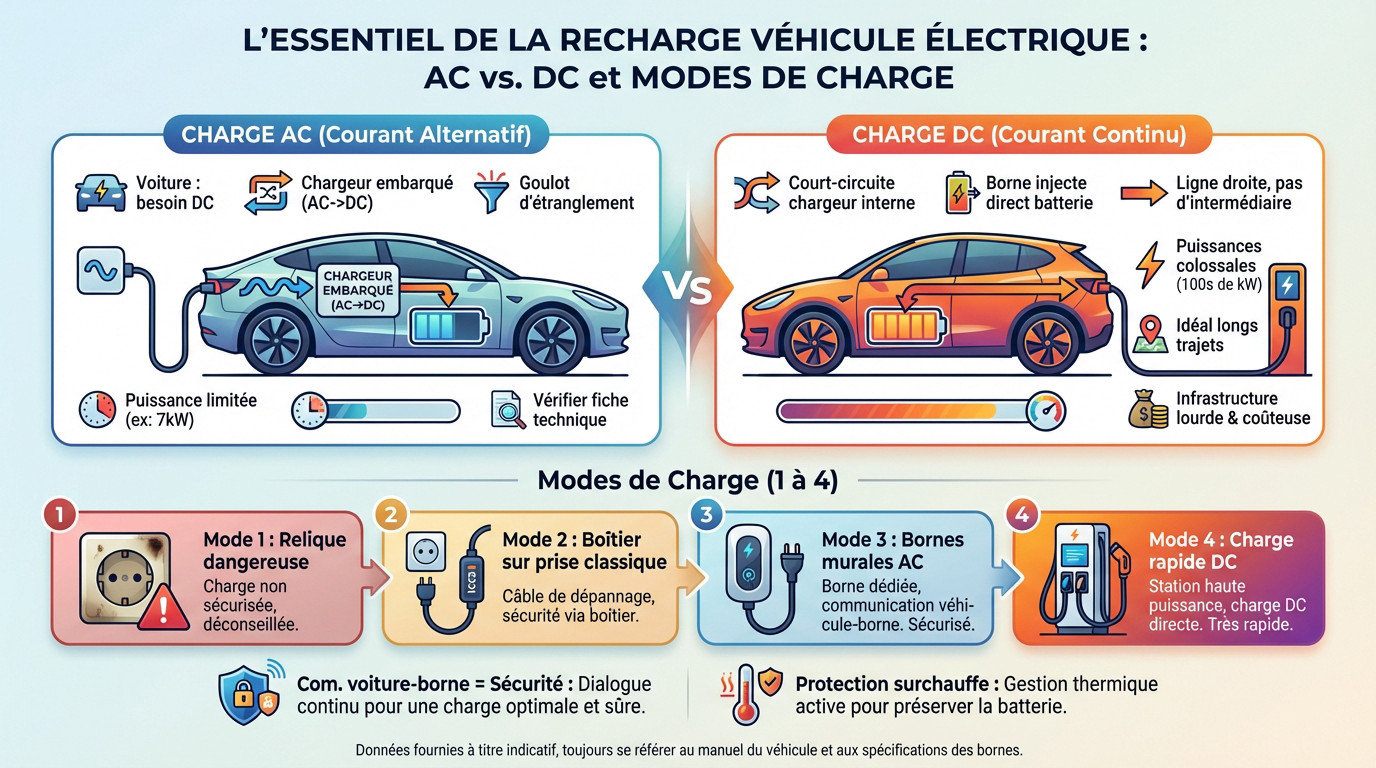 Schéma explicatif des modes de recharge AC et DC pour véhicules électriques