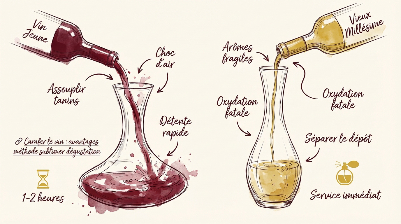 Carafage vin rouge jeune versus décantation d'un vieux millésime