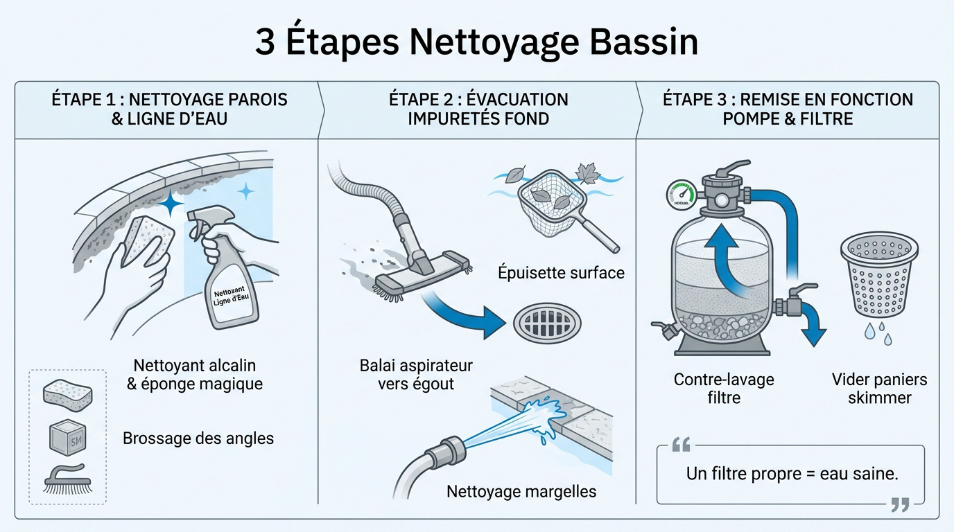 Nettoyage manuel des parois et de la ligne d'eau d'une piscine au printemps