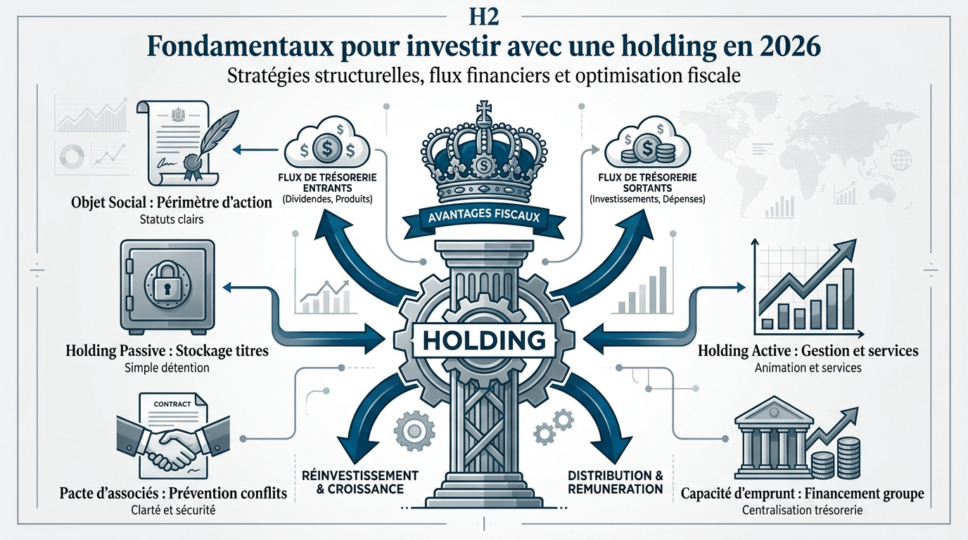 Réussir à investir avec une holding pour votre patrimoine Schéma des fondamentaux de l'investissement via une holding en 2026