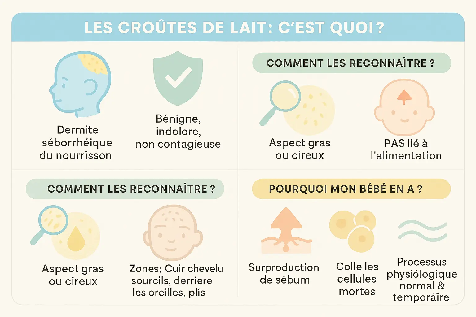 Illustration d'un bébé avec des croûtes de lait et application d'huile d'amande douce