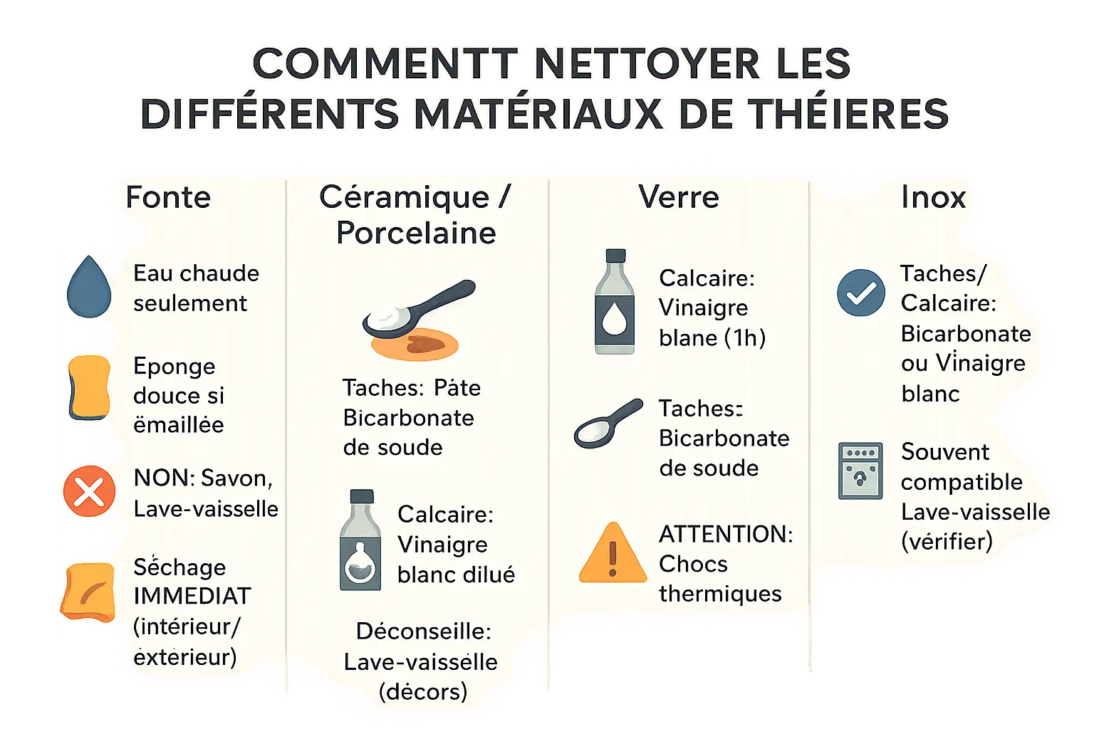 Illustration d'une <strong>théière en différents matériaux avec des produits de nettoyage naturels</strong>