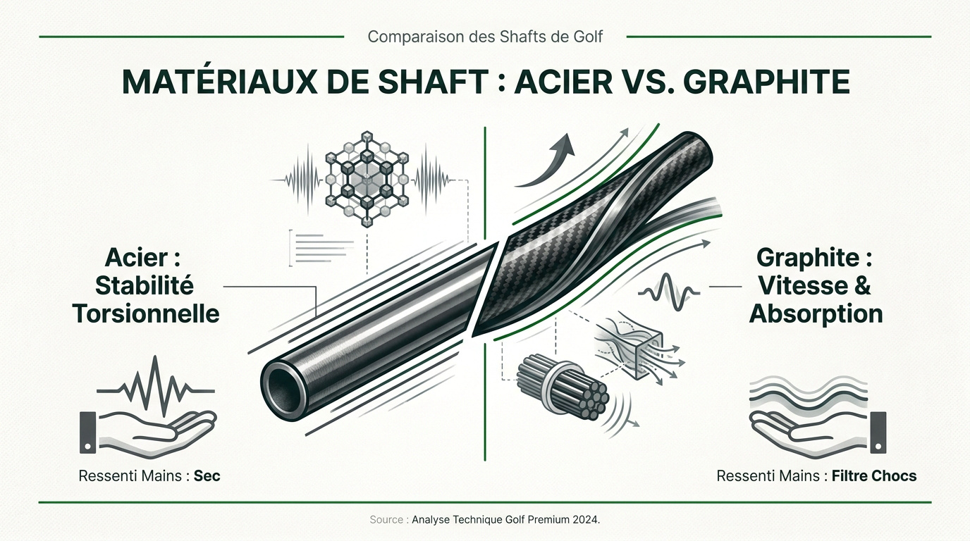 Comparaison technique entre un shaft de golf en acier et un shaft en graphite pour les fers