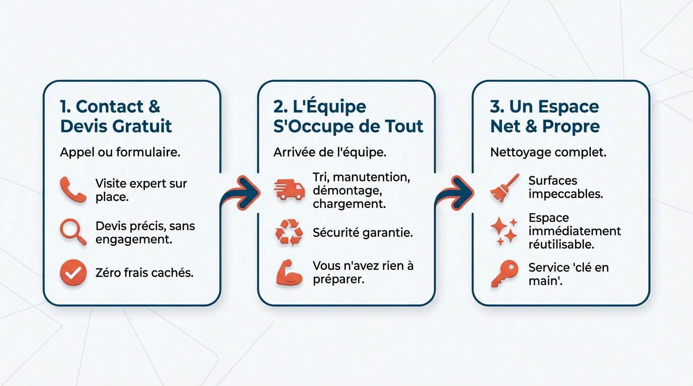 Infographie détaillant les 3 étapes du processus de débarras de maison : évaluation, intervention et nettoyage