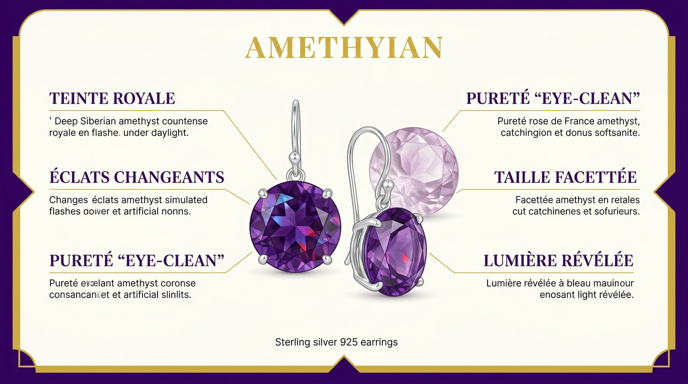 Boucles d'oreilles élégantes en argent 925 serties d'améthystes violettes
