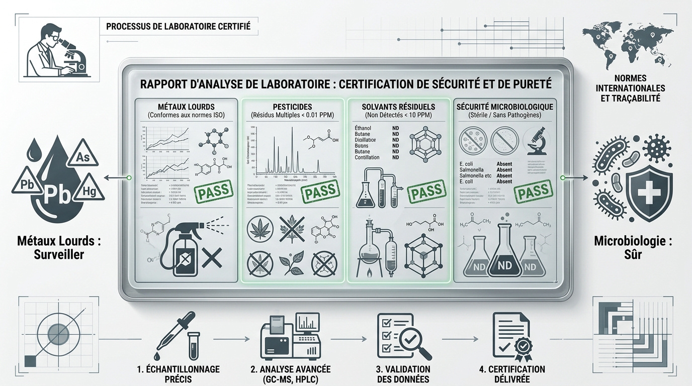 Exemple de certificat d'analyse CBD affichant les tests de pureté et de sécurité