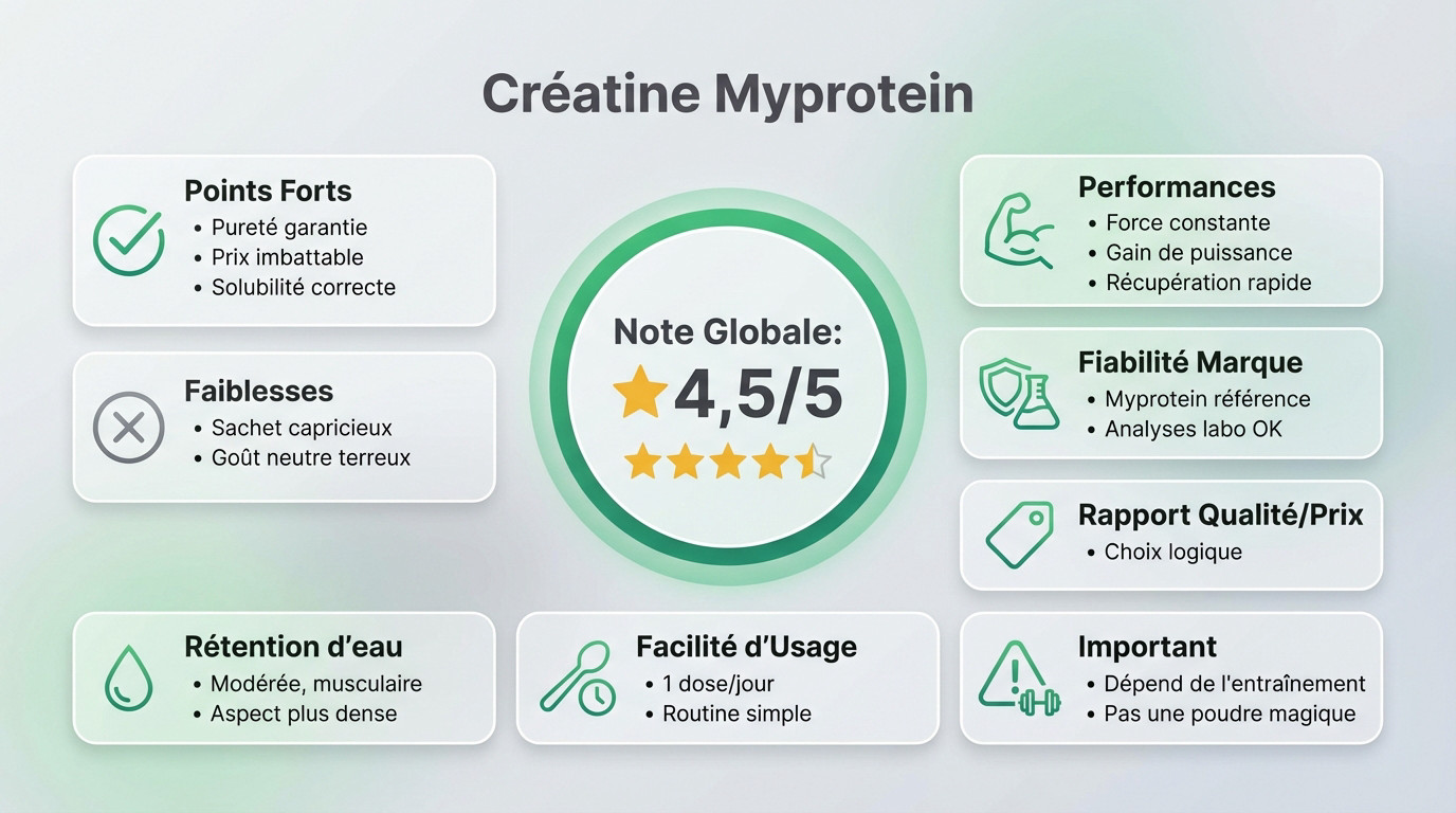 Infographie résumant la <strong>note de 4,5/5</strong> pour la créatine Myprotein