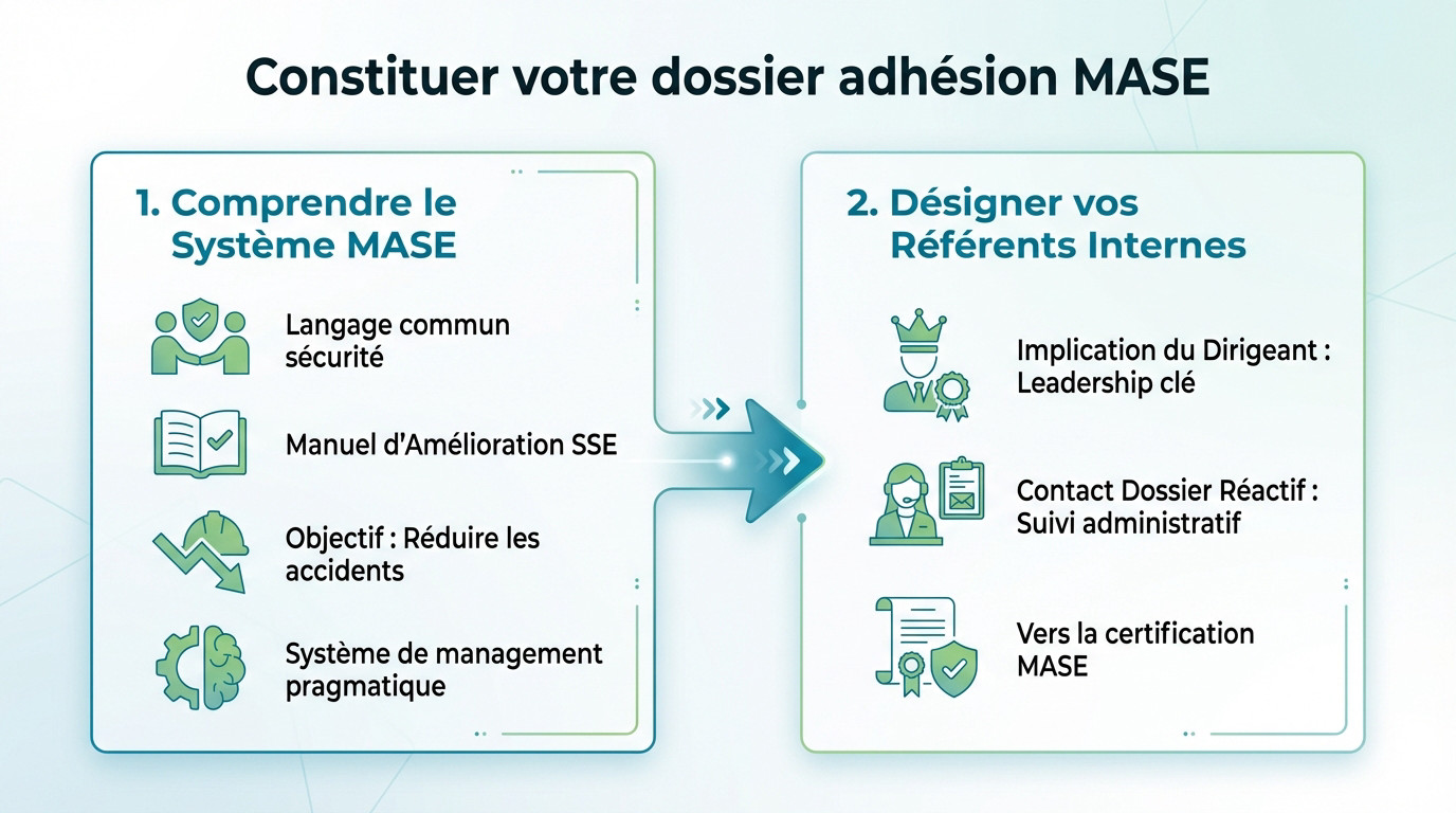 Constitution d'un dossier d'adhésion MASE avec documents administratifs et casque de sécurité