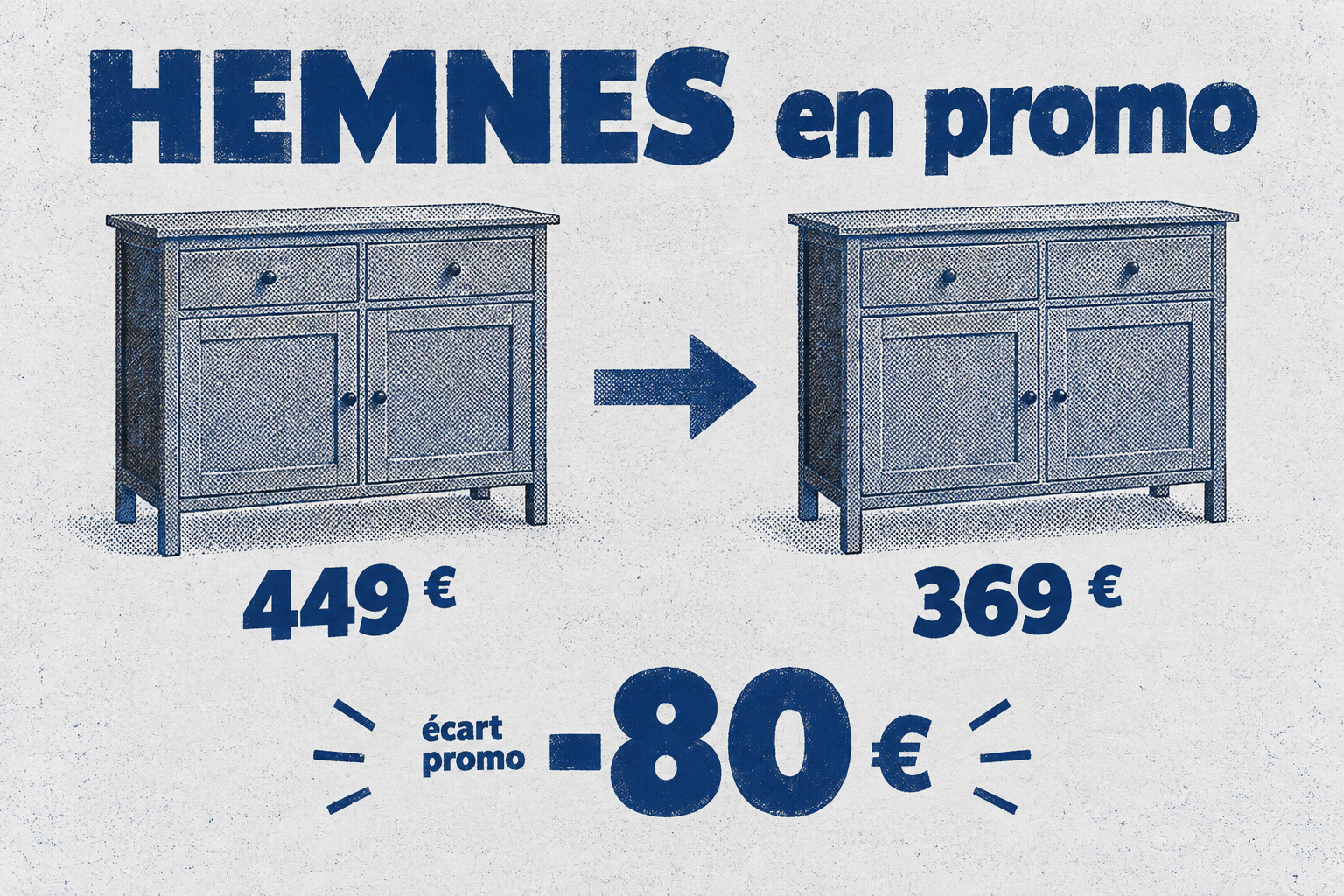 Promotion sur la HEMNES : le prix passe de 449 € à 369 €, soit une réduction de 80 €.